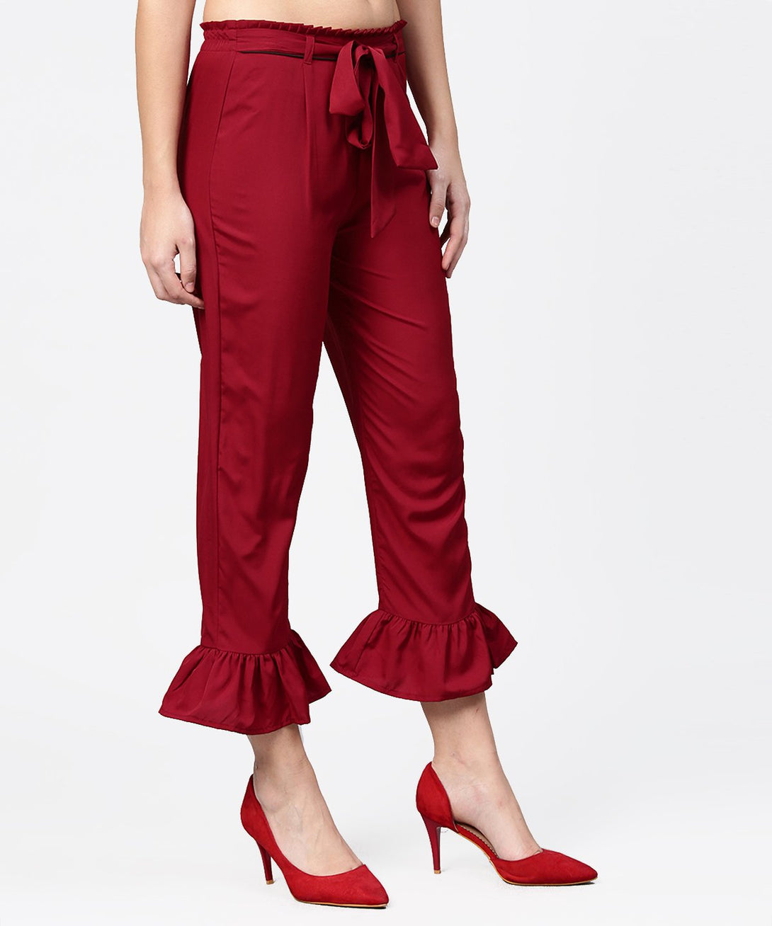 Maroon ankle length crepe straight palazzo with belt | NOZ2TOZ - Made In INDIA.