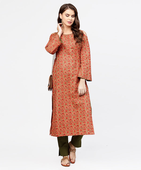 Red printed Long sleeve cold shoulder cotton kurta with green ankle length palazzo | NOZ2TOZ - Made In INDIA.