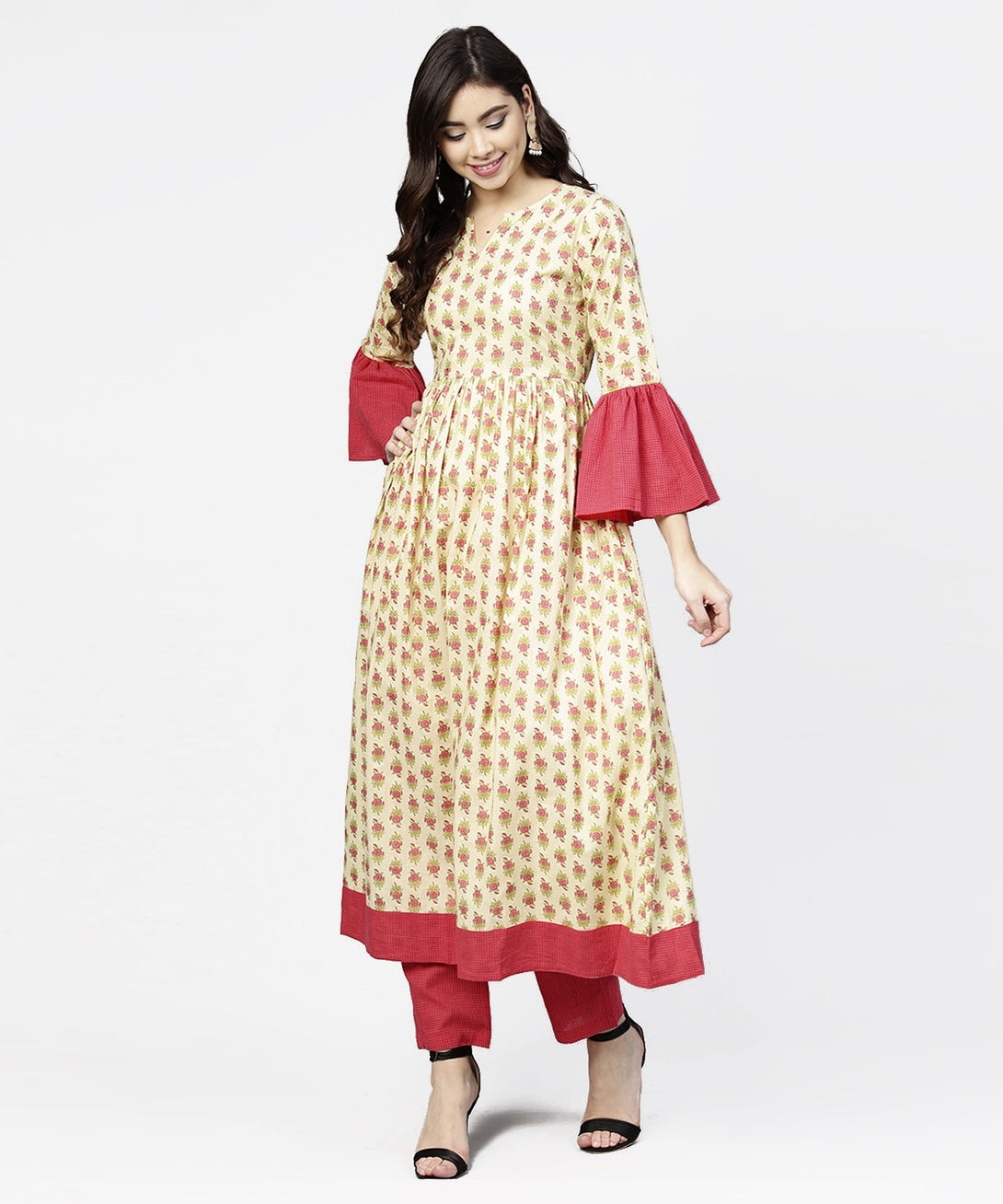 Off white printed full sleeve cotton anarkali kurta with pink ankle length palazzo | NOZ2TOZ - Made In INDIA.