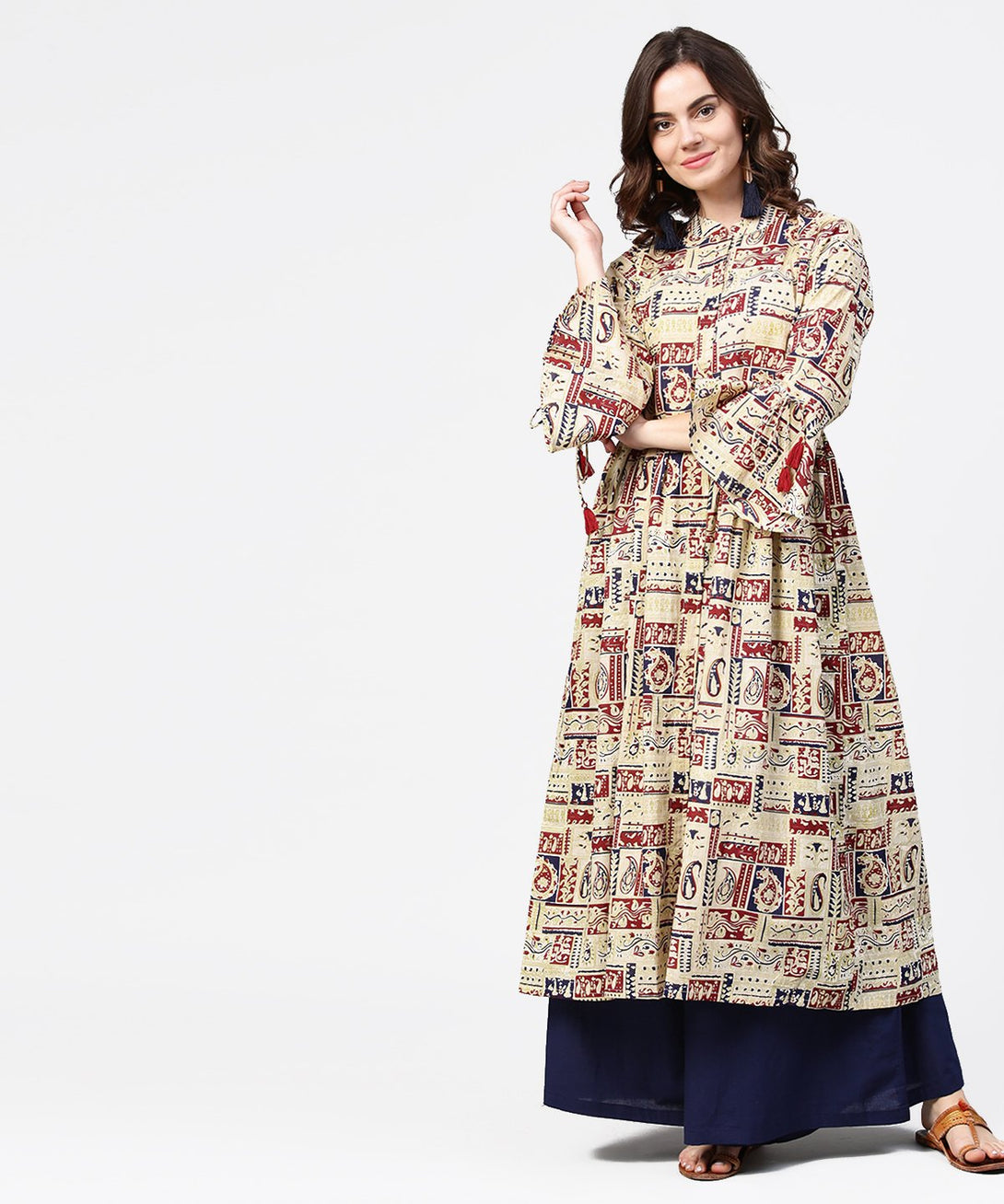 Beige full sleeve cotton anarkali kurta with blue flared ankle length palazzo | NOZ2TOZ - Made In INDIA.