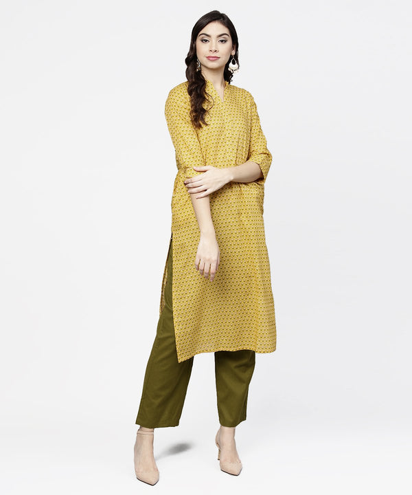 Yellow 3/4th sleeve printed cotton straight kurta green ankle length pallazo | NOZ2TOZ - Made In INDIA.