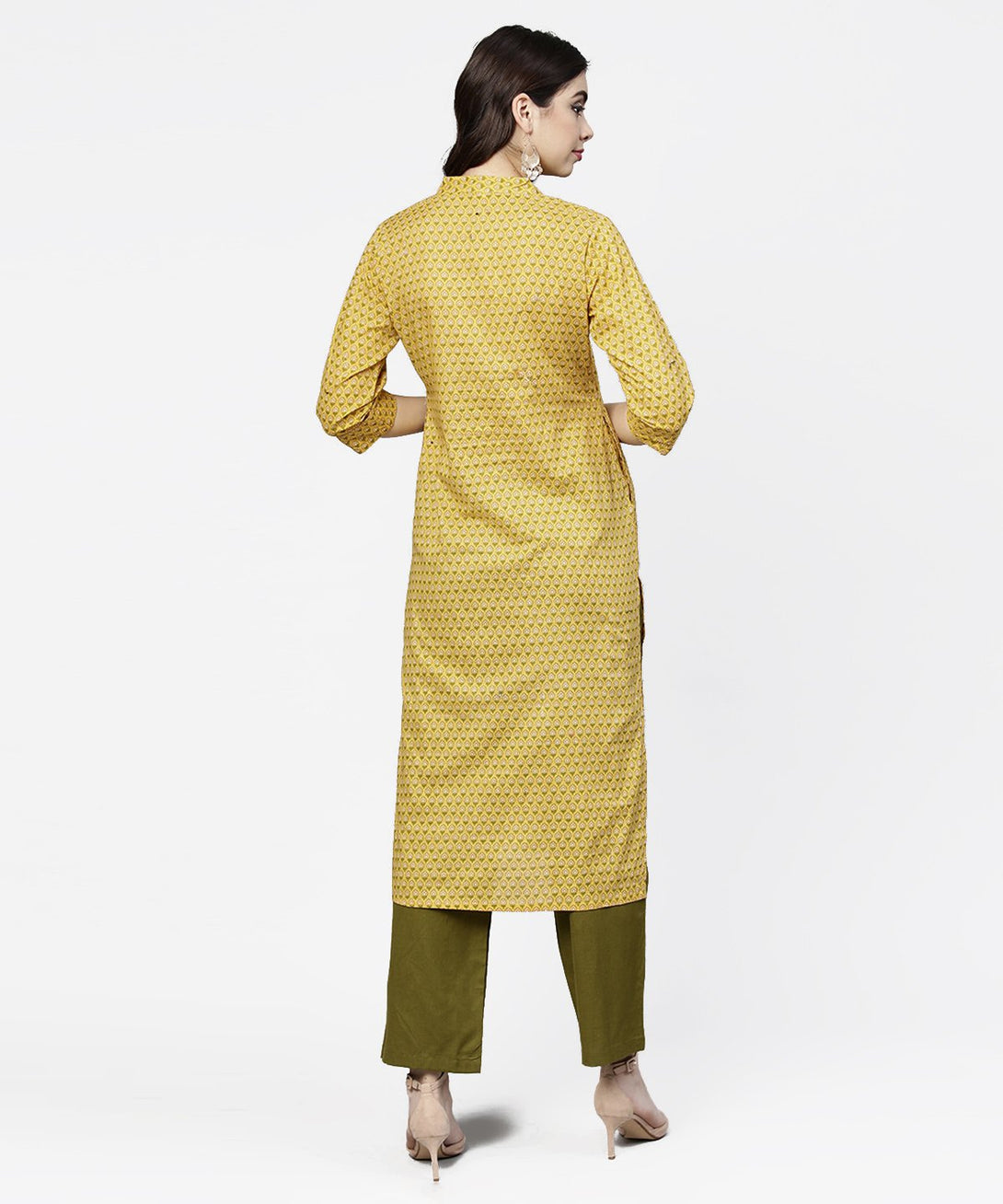 Yellow 3/4th sleeve printed cotton straight kurta green ankle length pallazo | NOZ2TOZ - Made In INDIA.