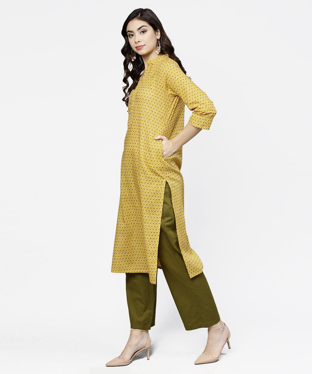 Yellow 3/4th sleeve printed cotton straight kurta green ankle length pallazo | NOZ2TOZ - Made In INDIA.