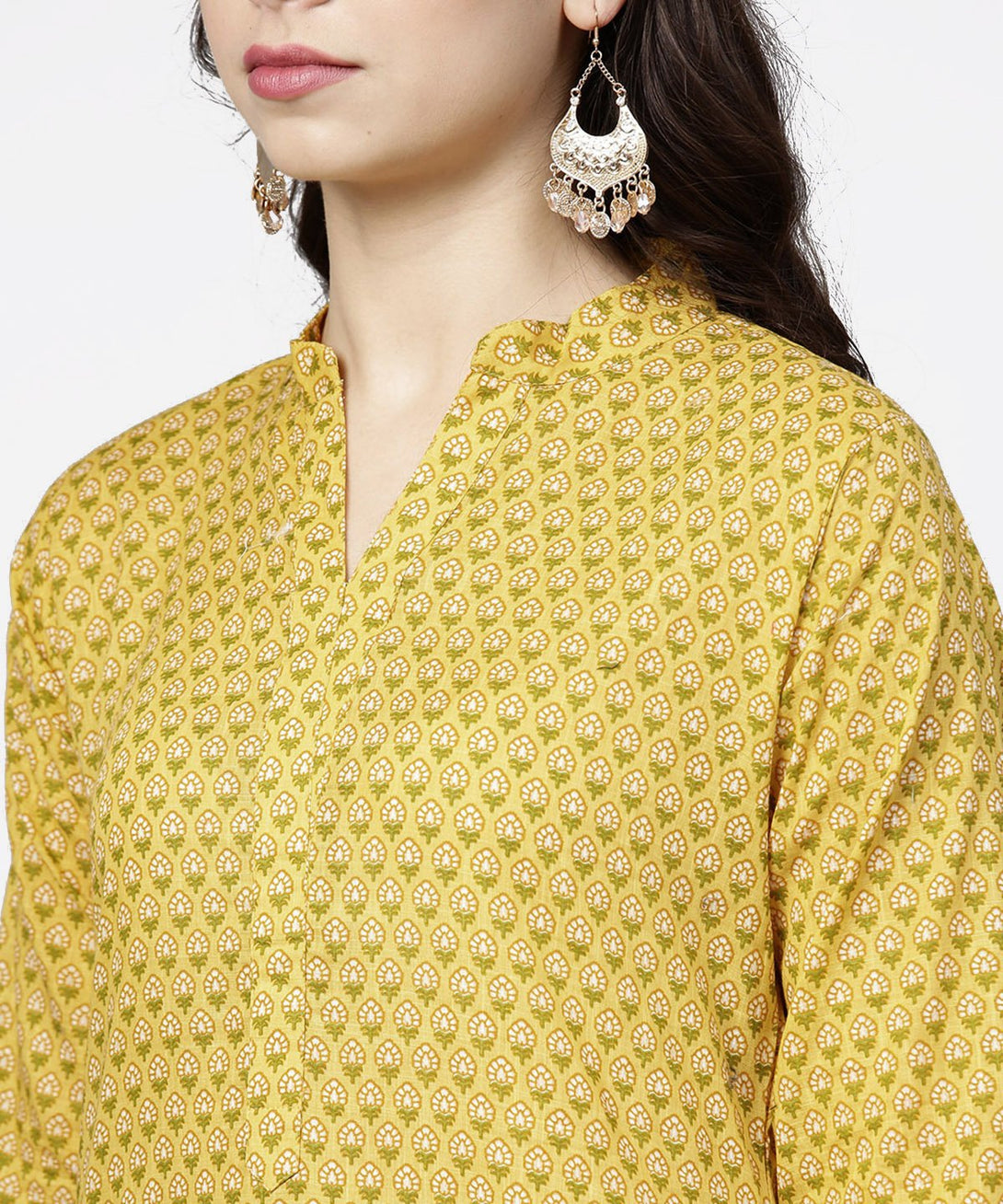 Yellow 3/4th sleeve printed cotton straight kurta green ankle length pallazo | NOZ2TOZ - Made In INDIA.