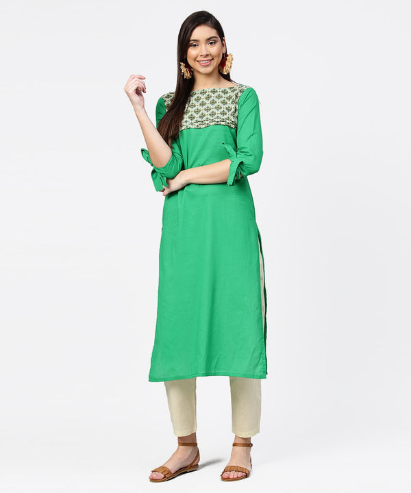 Green yoke printed half sleeve cotton kurta with cream ankle length pallazo | NOZ2TOZ - Made In INDIA.