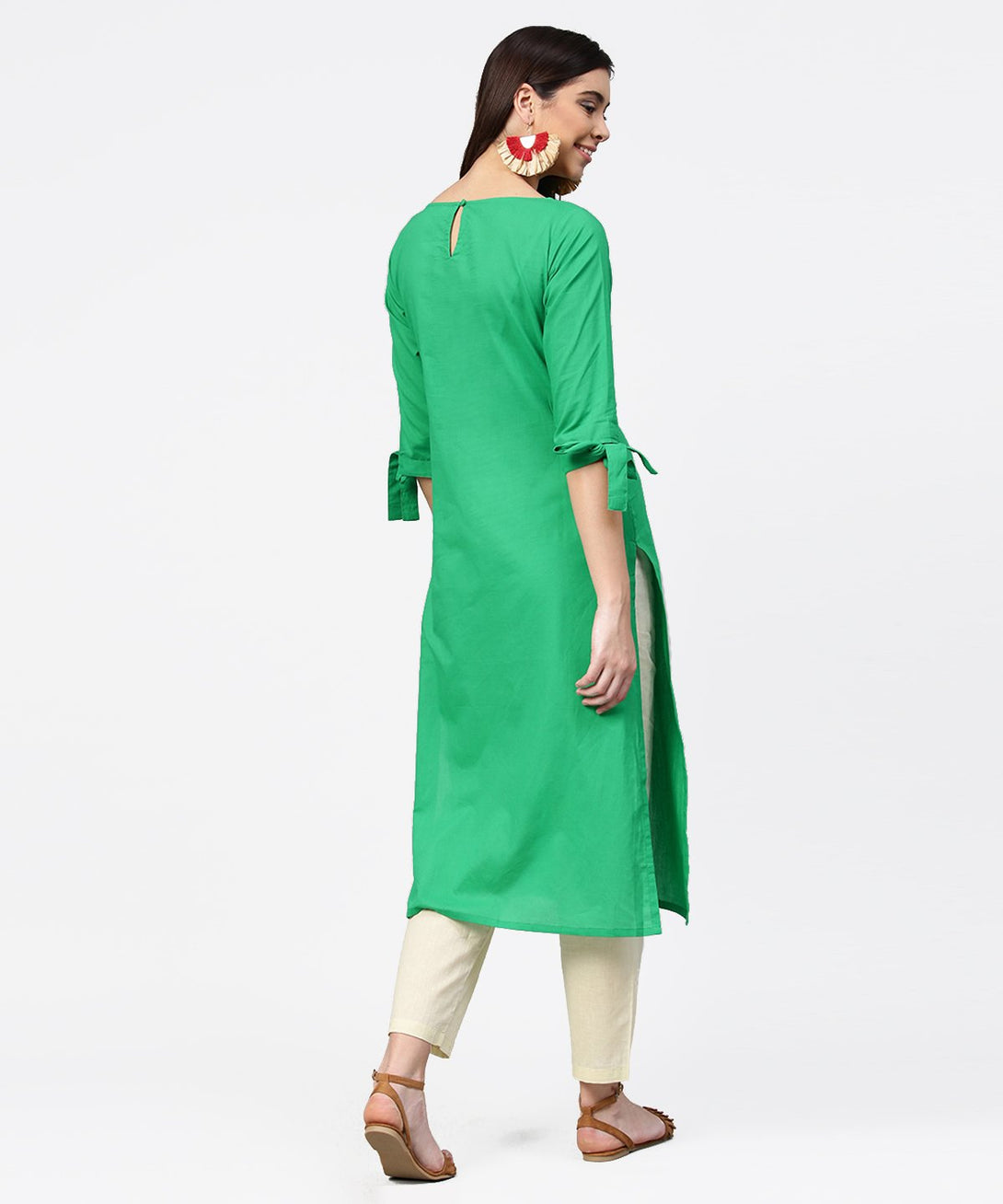 Green yoke printed half sleeve cotton kurta with cream ankle length pallazo | NOZ2TOZ - Made In INDIA.