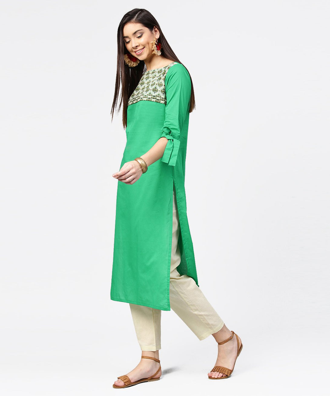 Green yoke printed half sleeve cotton kurta with cream ankle length pallazo | NOZ2TOZ - Made In INDIA.