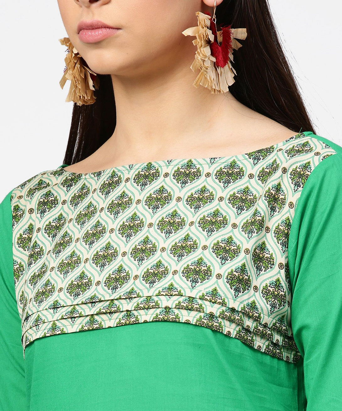 Green yoke printed half sleeve cotton kurta with cream ankle length pallazo | NOZ2TOZ - Made In INDIA.