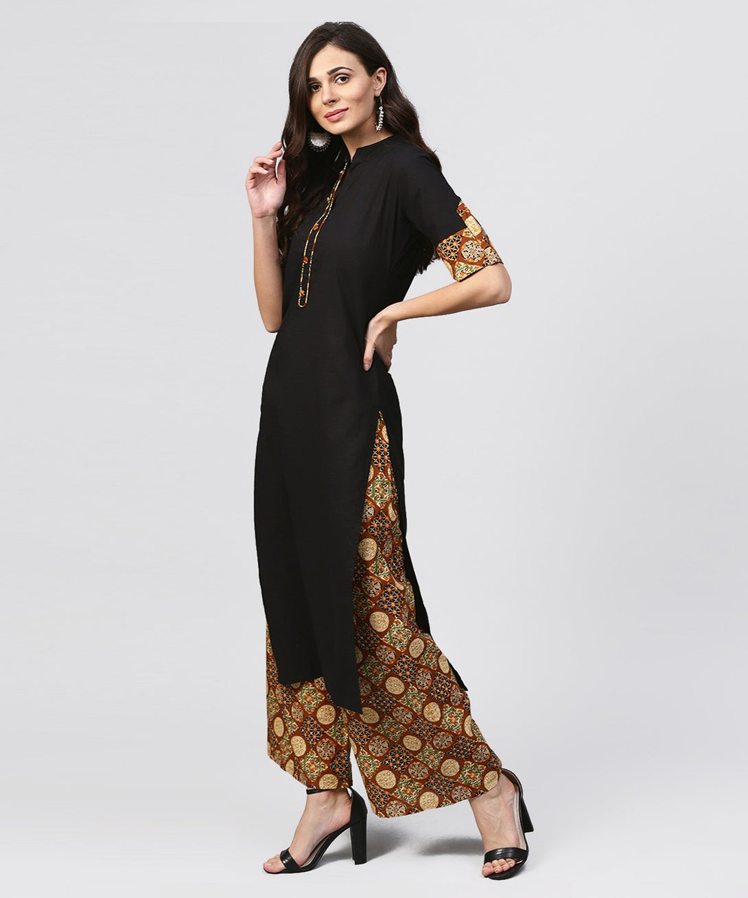 Madarin collar and front placket cotton Kurta with ankle length printed Palazzo | NOZ2TOZ - Made In INDIA.