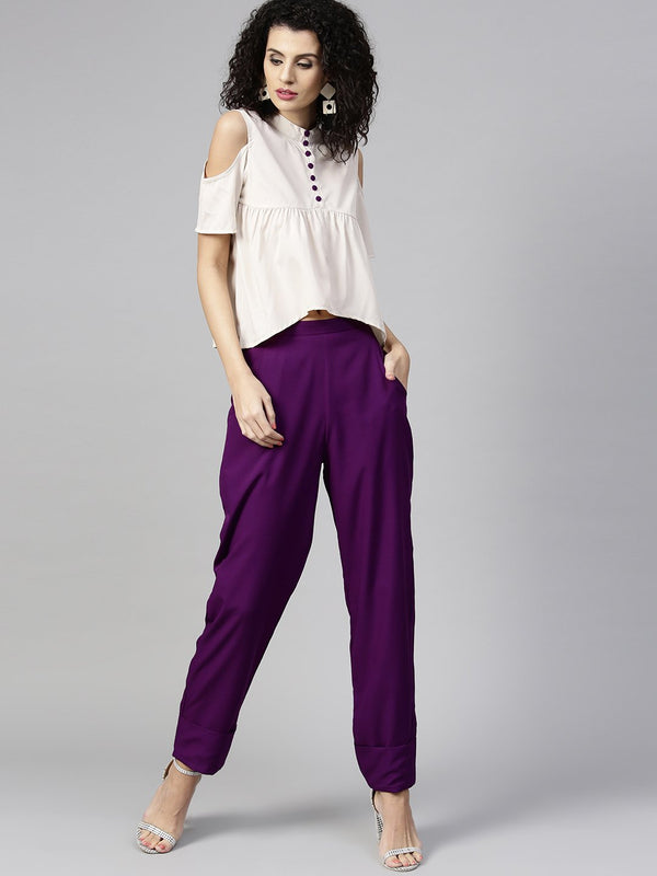 Women Off-White & Purple Solid Top with Trousers | NOZ2TOZ - Made In INDIA.