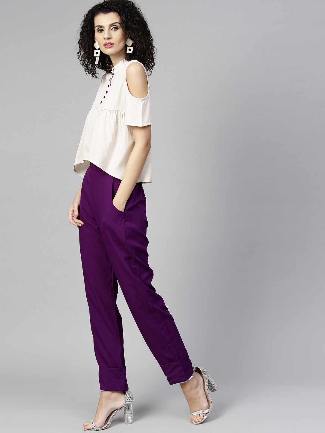 Women Off-White & Purple Solid Top with Trousers | NOZ2TOZ - Made In INDIA.