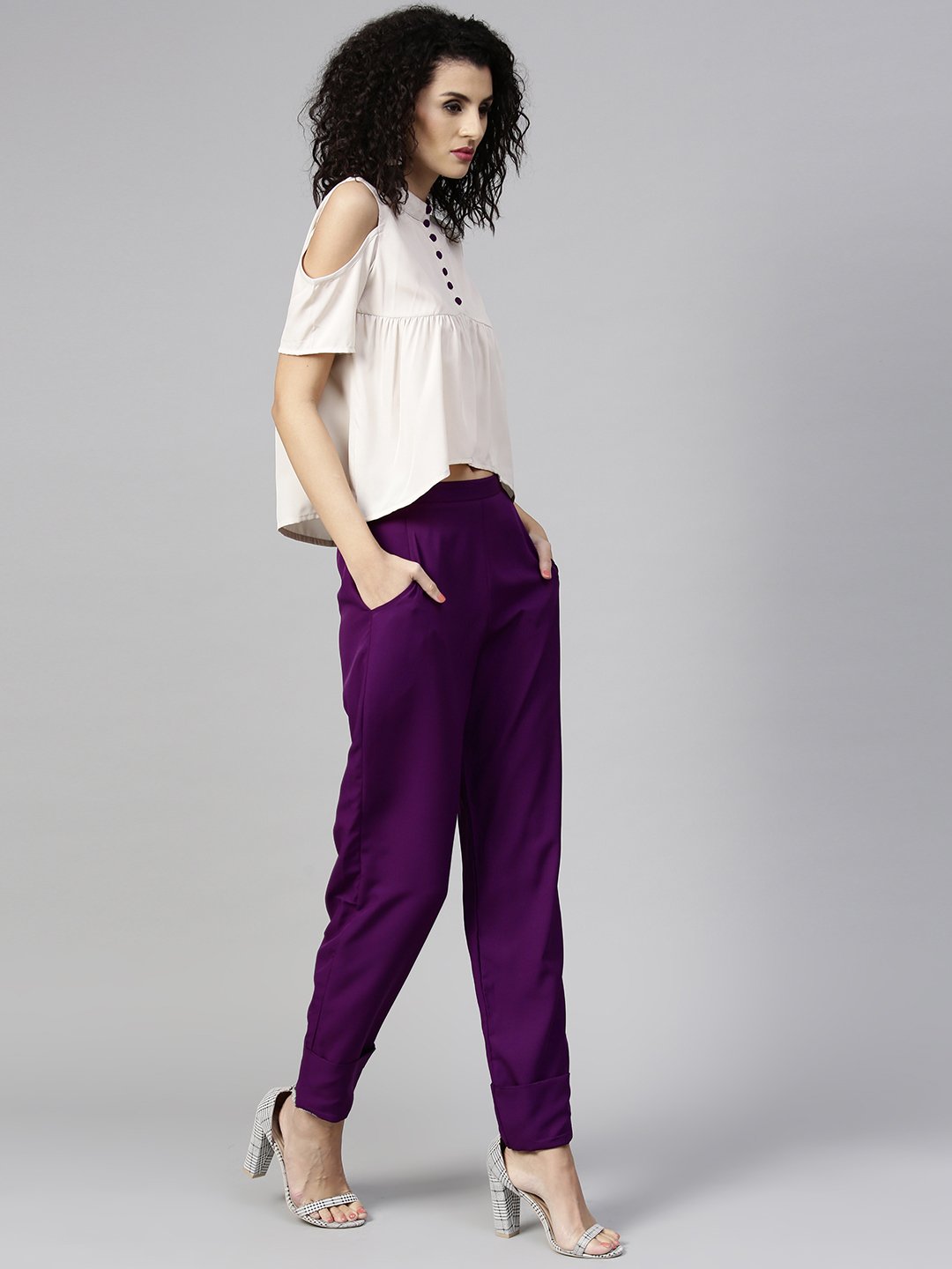 Women Off-White & Purple Solid Top with Trousers | NOZ2TOZ - Made In INDIA.