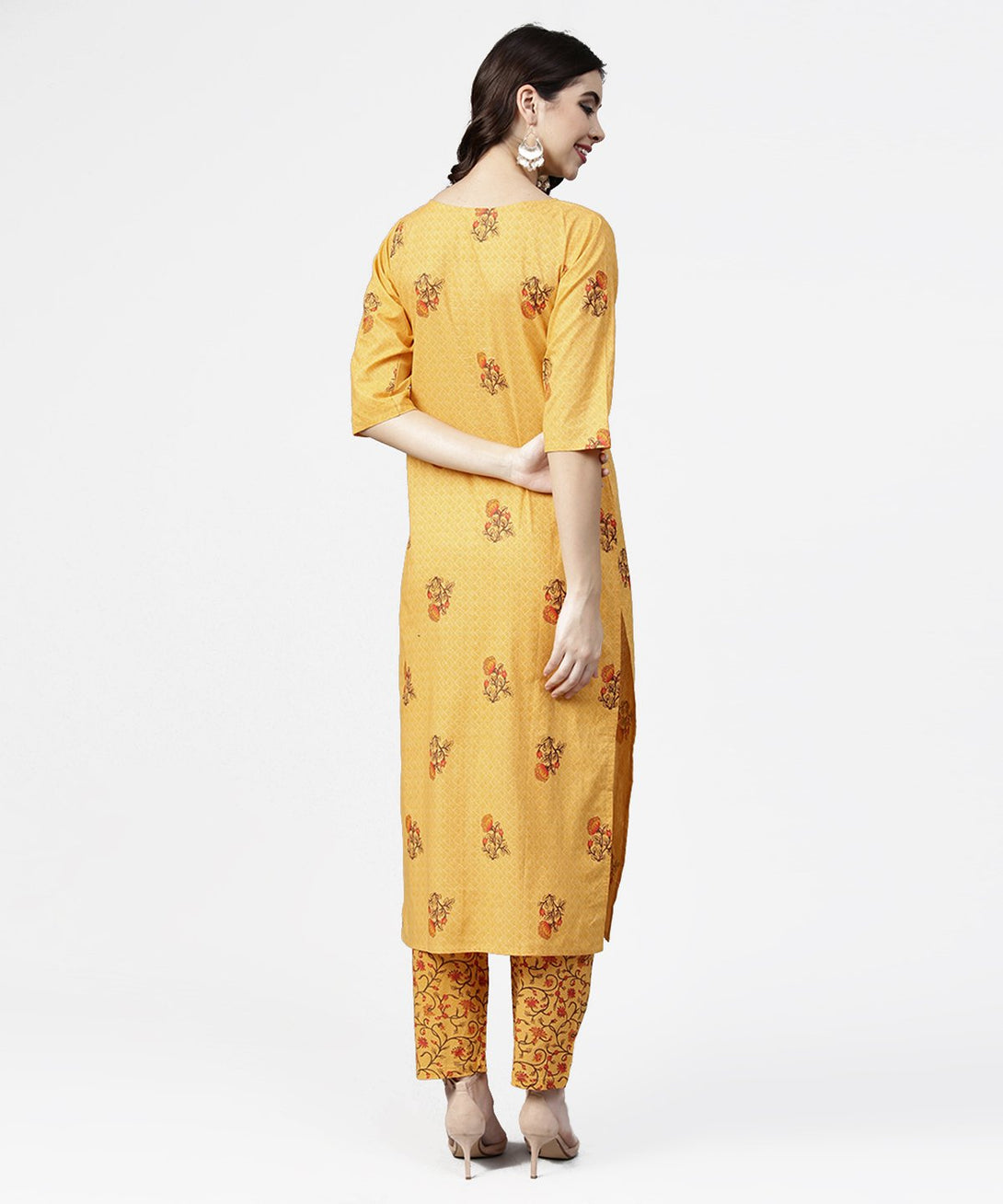 Yellow 3/4th sleeve cotton kurta with ankle length printed pallazo | NOZ2TOZ - Made In INDIA.