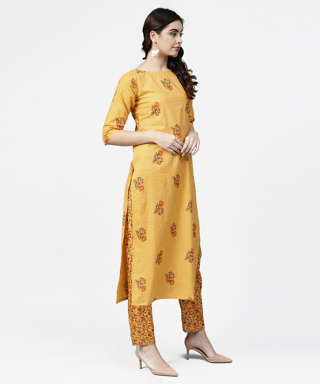 Yellow 3/4th sleeve cotton kurta with ankle length printed pallazo | NOZ2TOZ - Made In INDIA.