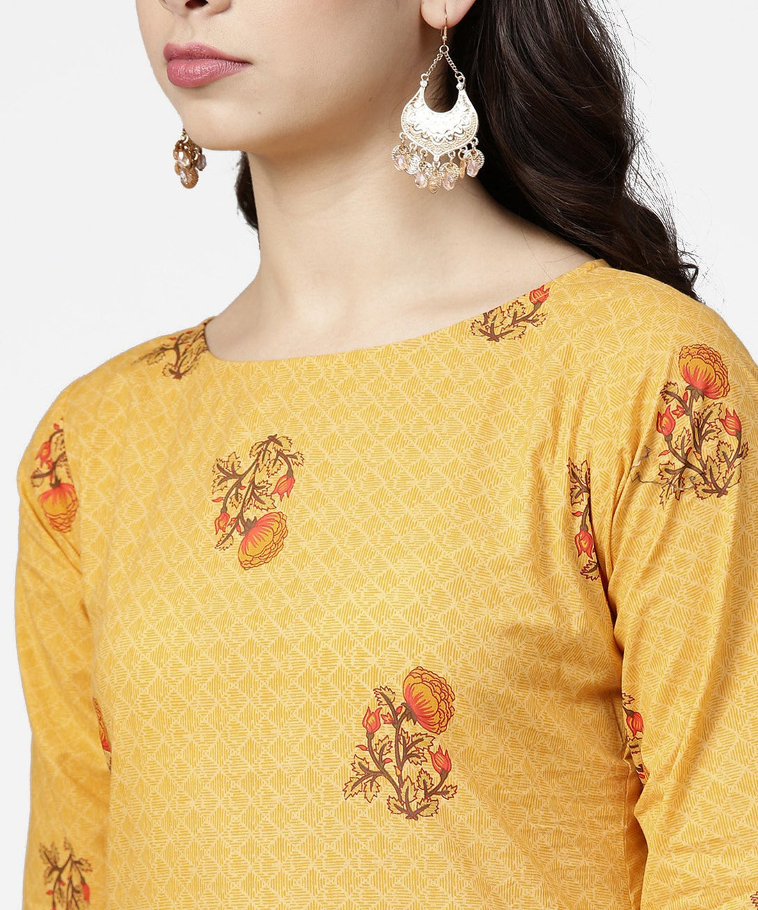 Yellow 3/4th sleeve cotton kurta with ankle length printed pallazo | NOZ2TOZ - Made In INDIA.