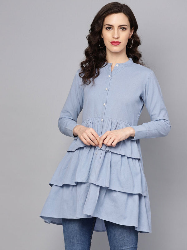 Solid Ice Blue Tired tunic with Madarin collar & 3/4 sleeves | NOZ2TOZ - Made In INDIA.