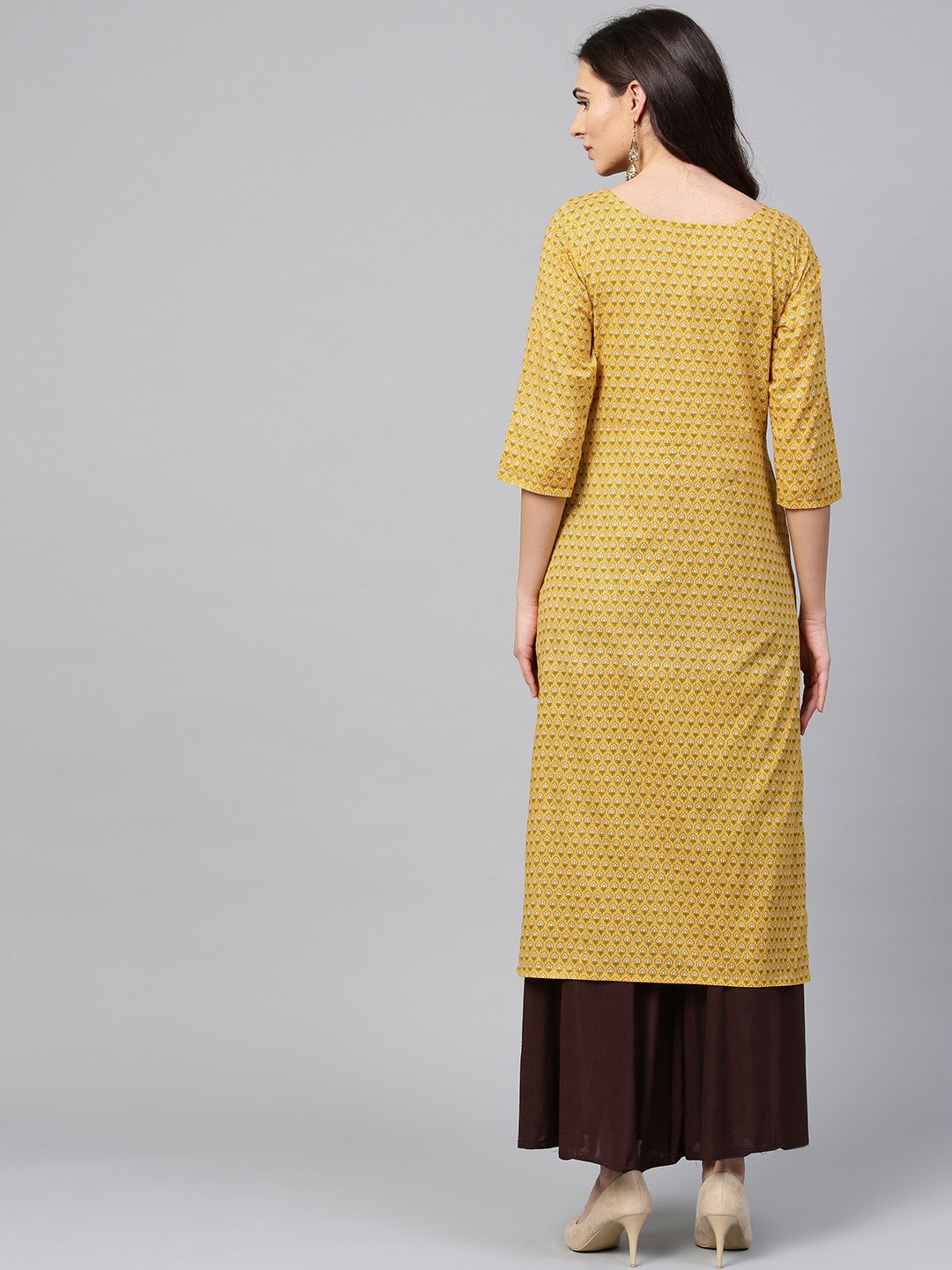 Yellow printed half sleeve cotton straight kurta | NOZ2TOZ - Made In INDIA.