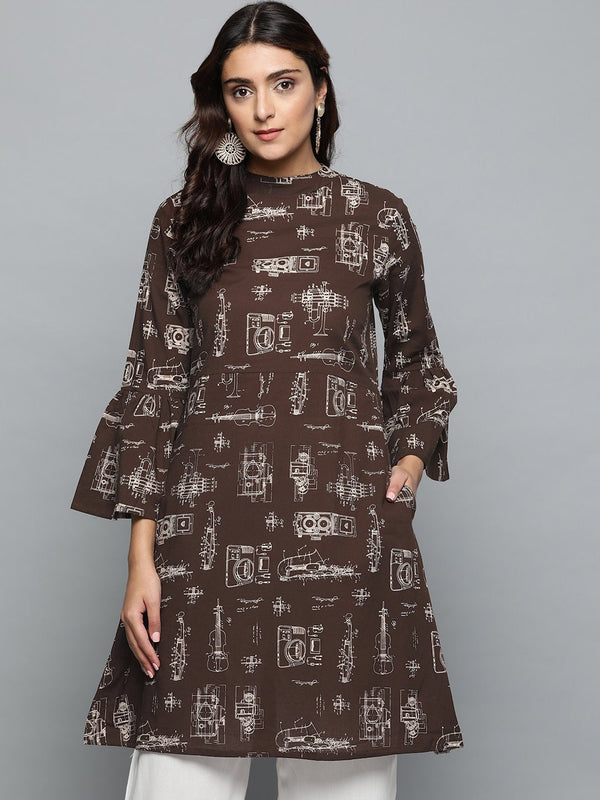 Brown Printed A-line dress with Roll collar & flared sleeves | NOZ2TOZ - Made In INDIA.