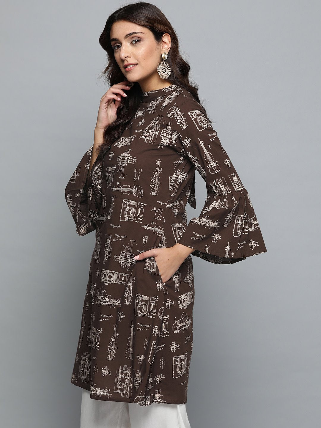 Brown Printed A-line dress with Roll collar & flared sleeves | NOZ2TOZ - Made In INDIA.