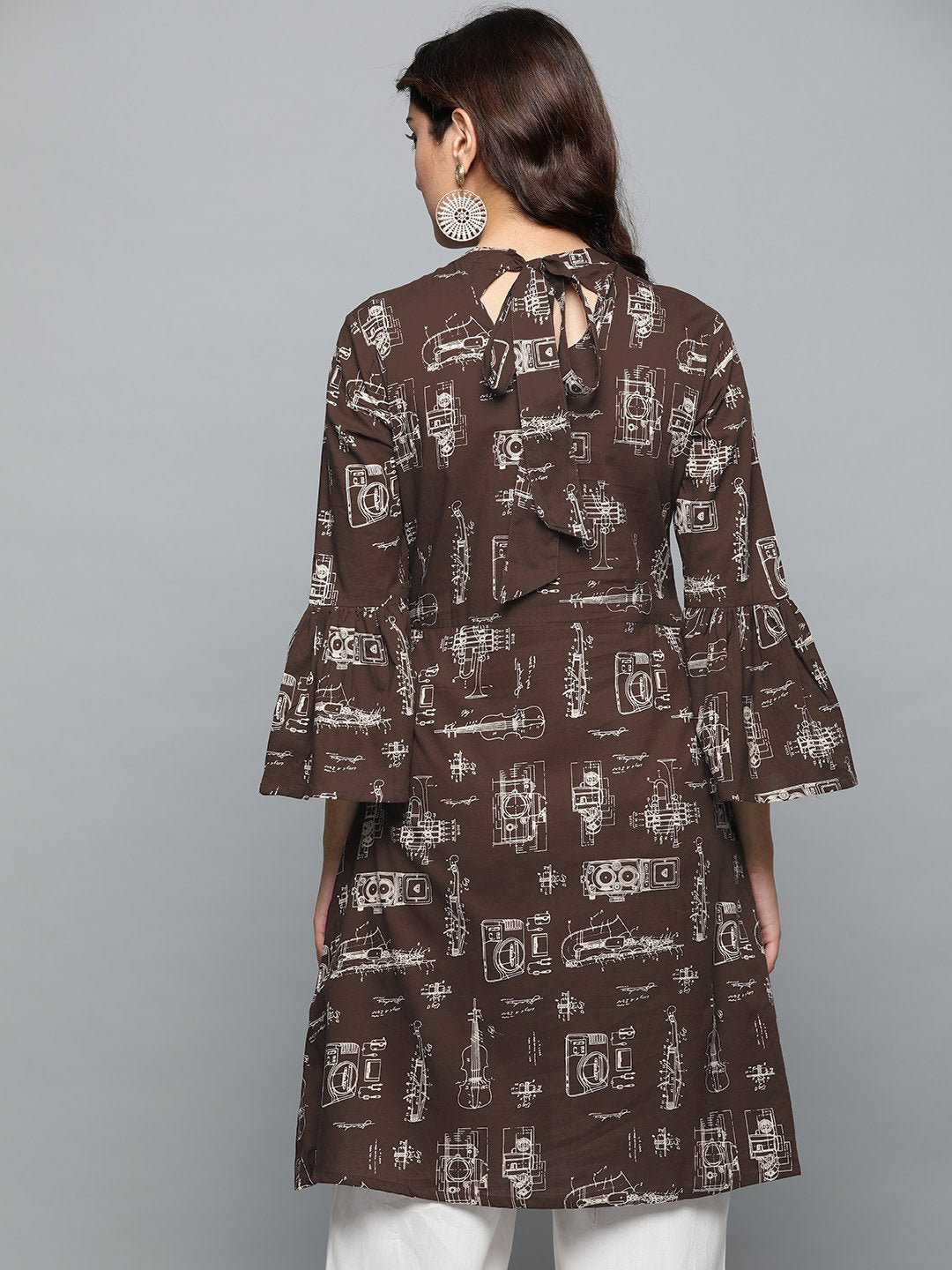 Brown Printed A-line dress with Roll collar & flared sleeves | NOZ2TOZ - Made In INDIA.