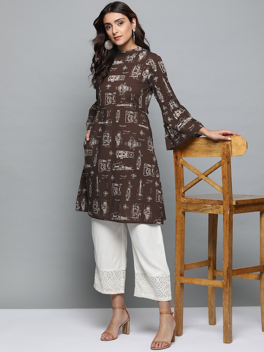 Brown Printed A-line dress with Roll collar & flared sleeves | NOZ2TOZ - Made In INDIA.