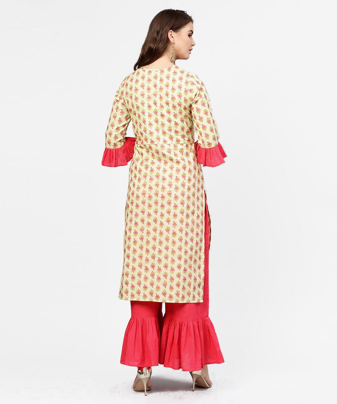 Yellow & Red printed 3/4th sleeve cotton kurta with sharara | NOZ2TOZ - Made In INDIA.