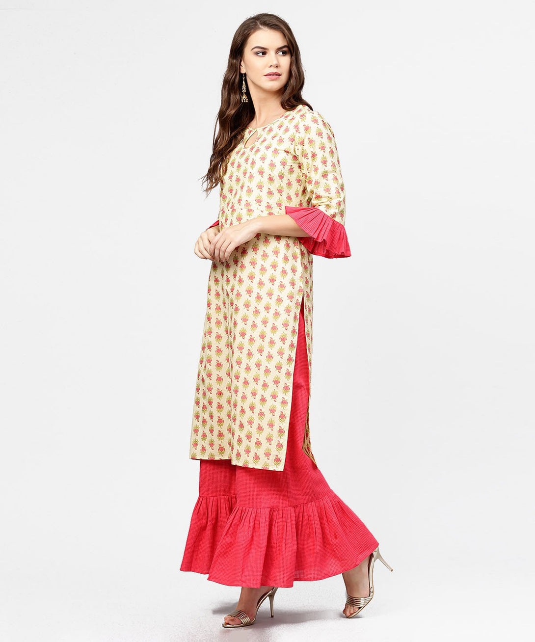 Yellow & Red printed 3/4th sleeve cotton kurta with sharara | NOZ2TOZ - Made In INDIA.