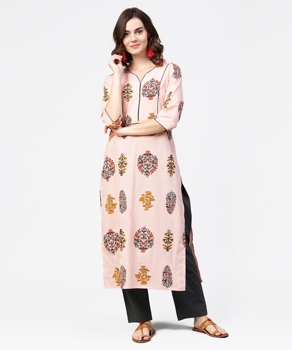 Women Beige & Maroon Printed Straight Kurta | NOZ2TOZ - Made In INDIA.