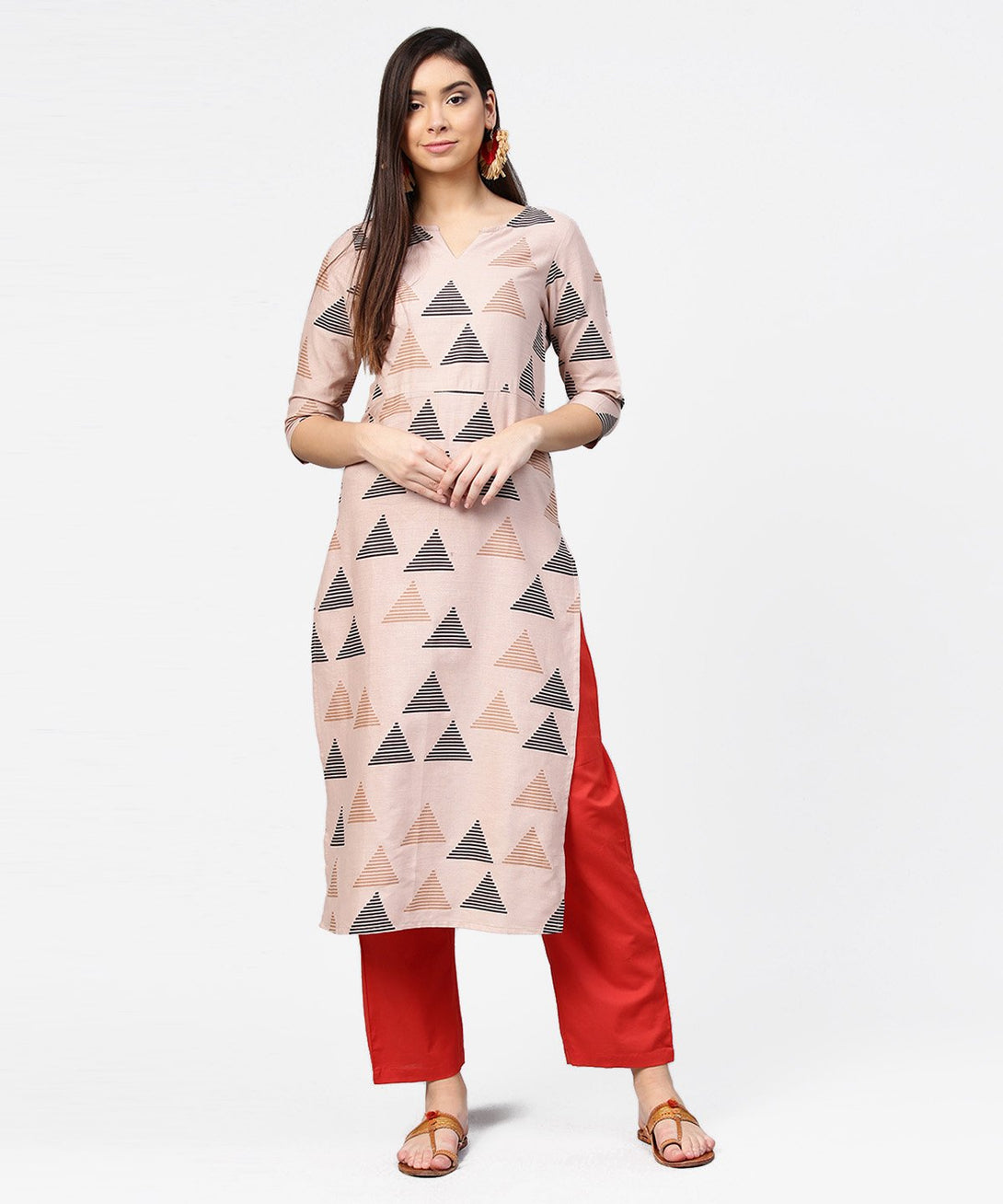 Beige printed 3/4th sleeve cotton kurta with maroon ankle length pallazo | NOZ2TOZ - Made In INDIA.