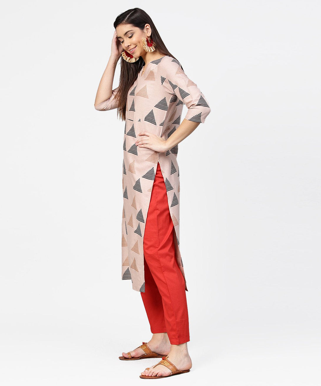 Beige printed 3/4th sleeve cotton kurta with maroon ankle length pallazo | NOZ2TOZ - Made In INDIA.