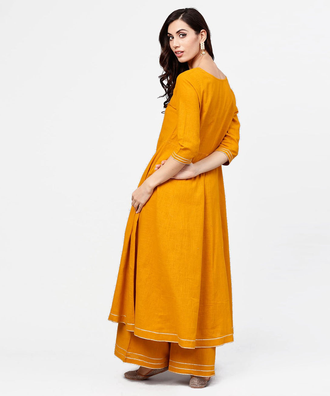 Yellow 3/4th sleeve cotton anarkali kurta with ankle length flared pallazo with gotta work | NOZ2TOZ - Made In INDIA.