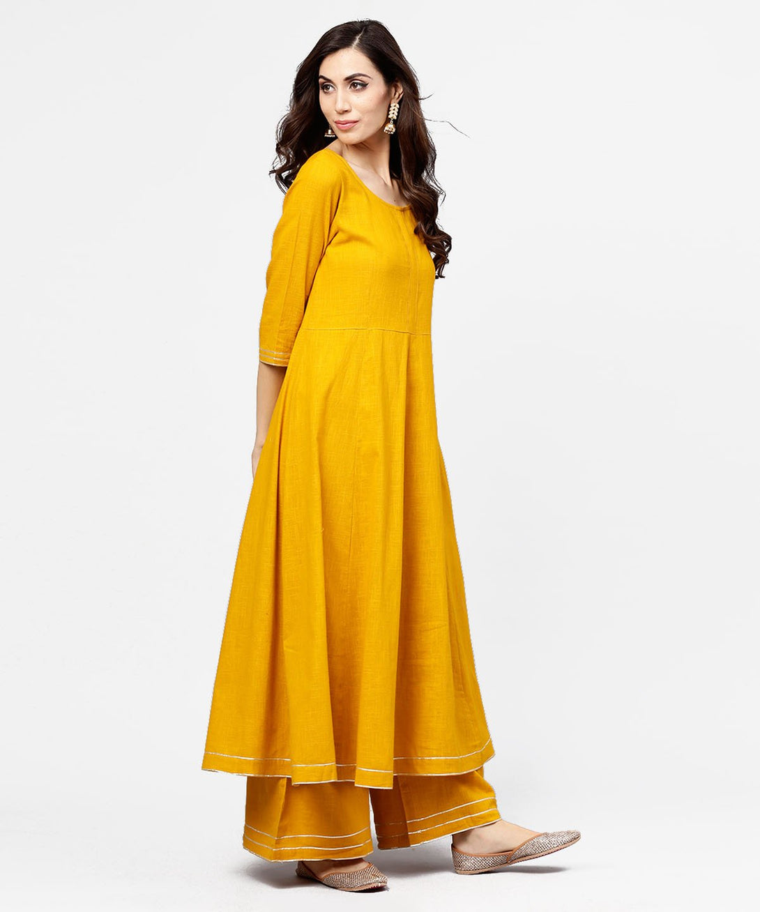 Yellow 3/4th sleeve cotton anarkali kurta with ankle length flared pallazo with gotta work | NOZ2TOZ - Made In INDIA.