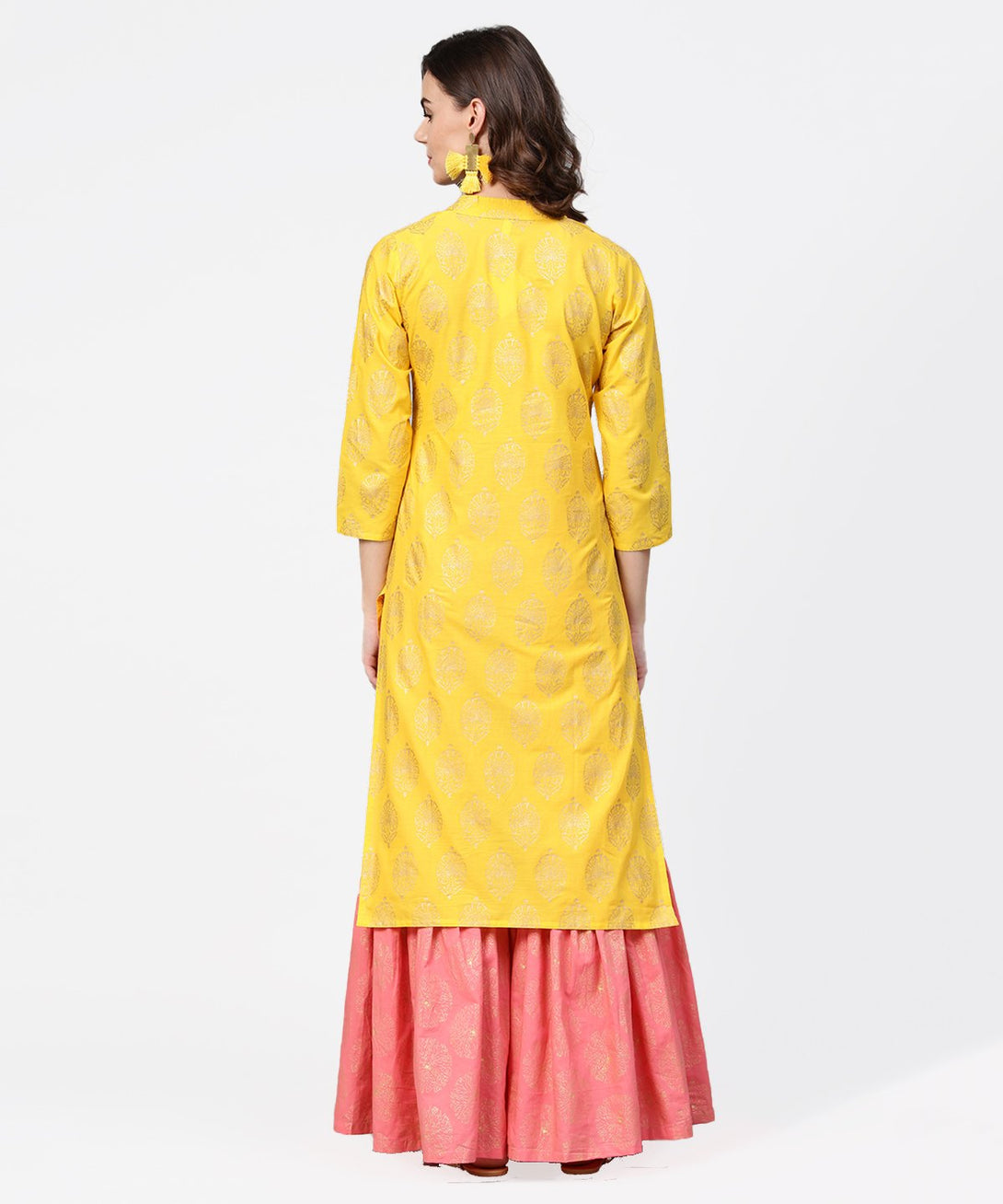 Yellow golden printed 3/4th sleeve kurta with pink ankle length sharara | NOZ2TOZ - Made In INDIA.