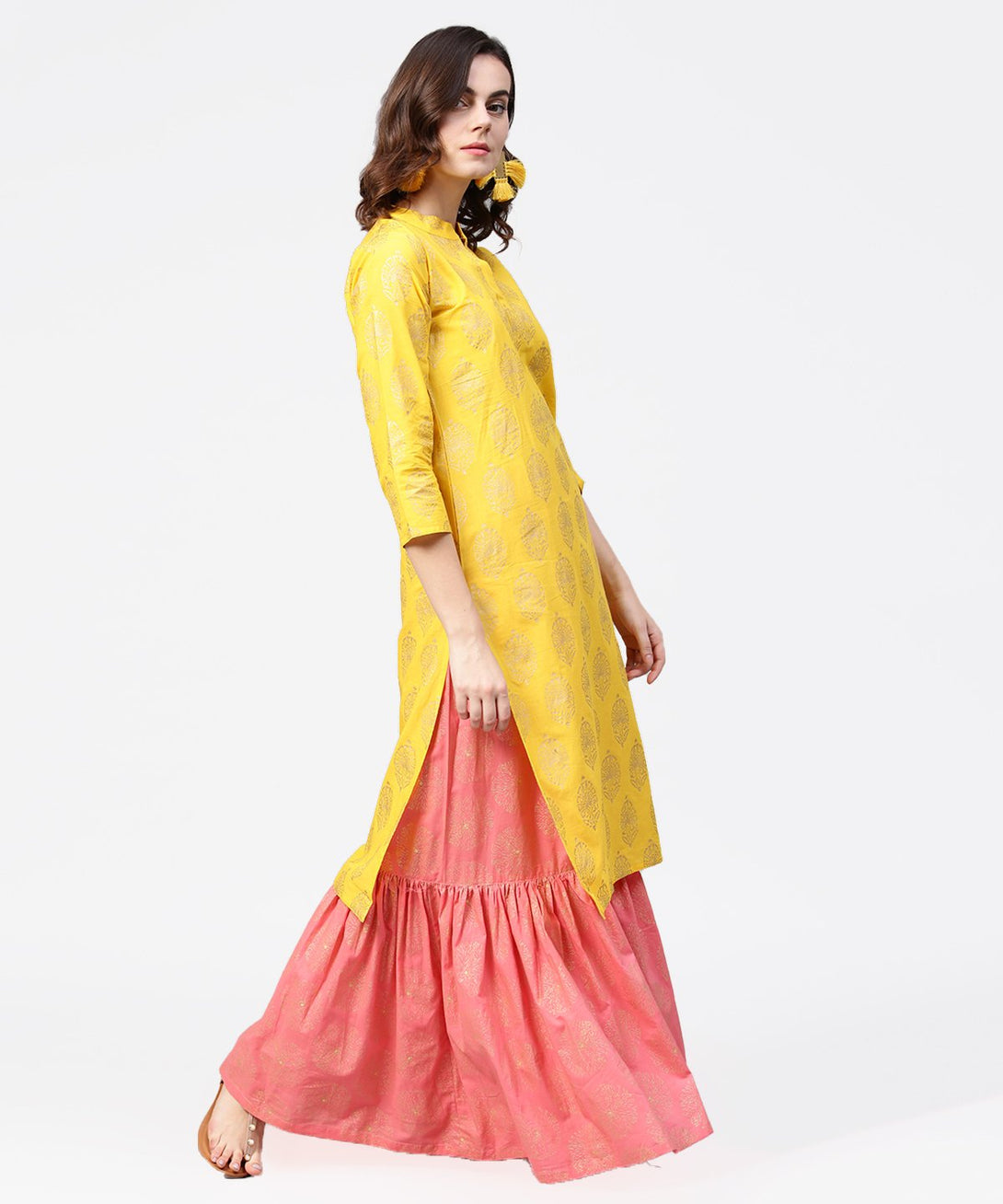 Yellow golden printed 3/4th sleeve kurta with pink ankle length sharara | NOZ2TOZ - Made In INDIA.