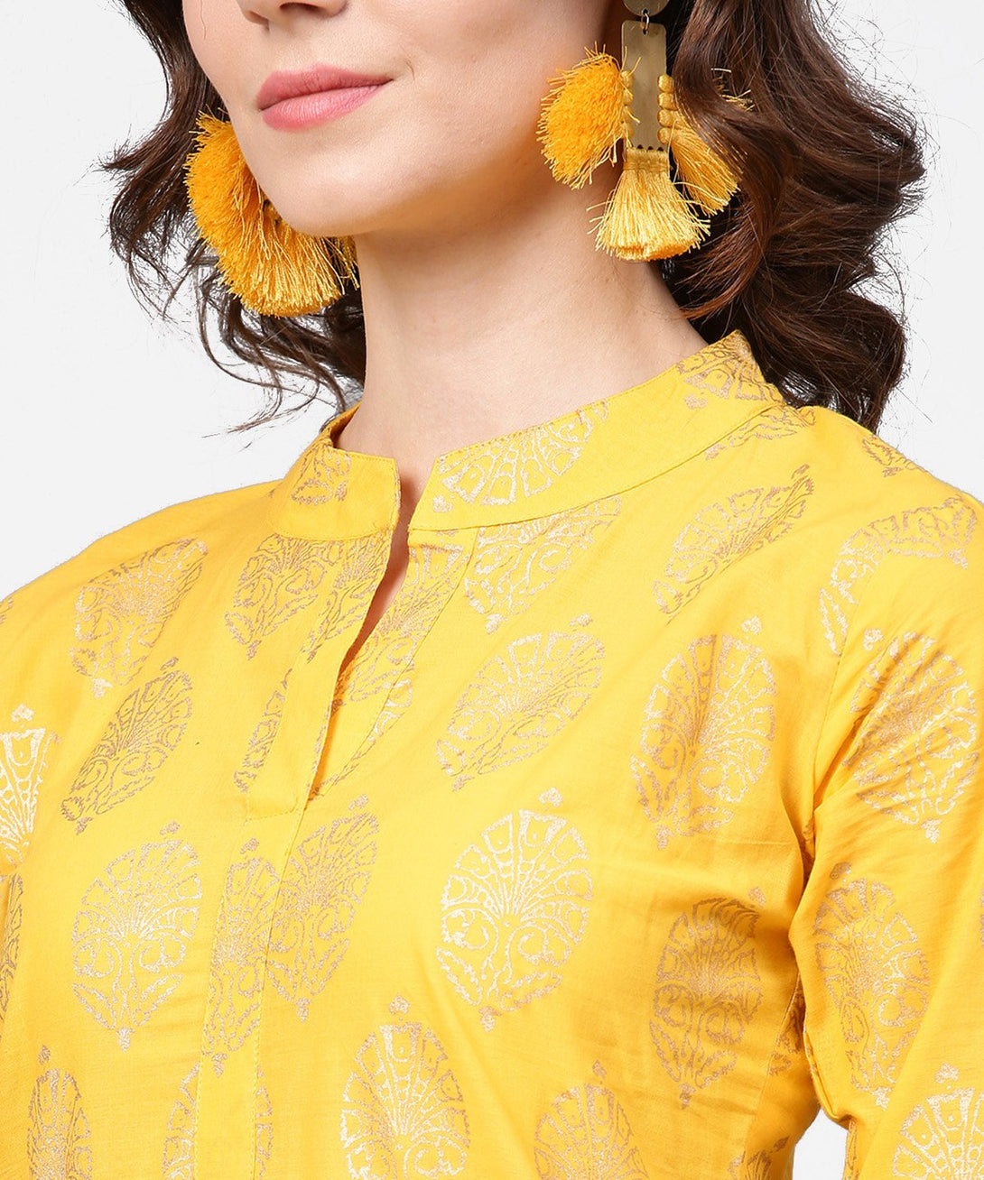 Yellow golden printed 3/4th sleeve kurta with pink ankle length sharara | NOZ2TOZ - Made In INDIA.