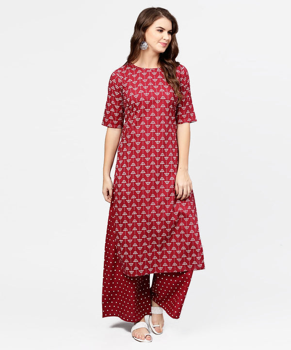 Red printed half sleeve cotton kurta with printed ankle length pallazo | NOZ2TOZ - Made In INDIA.