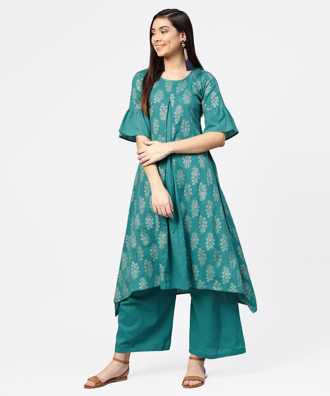 Blue printed half sleeve cotton kurta with straight ankle length pallazo | NOZ2TOZ - Made In INDIA.