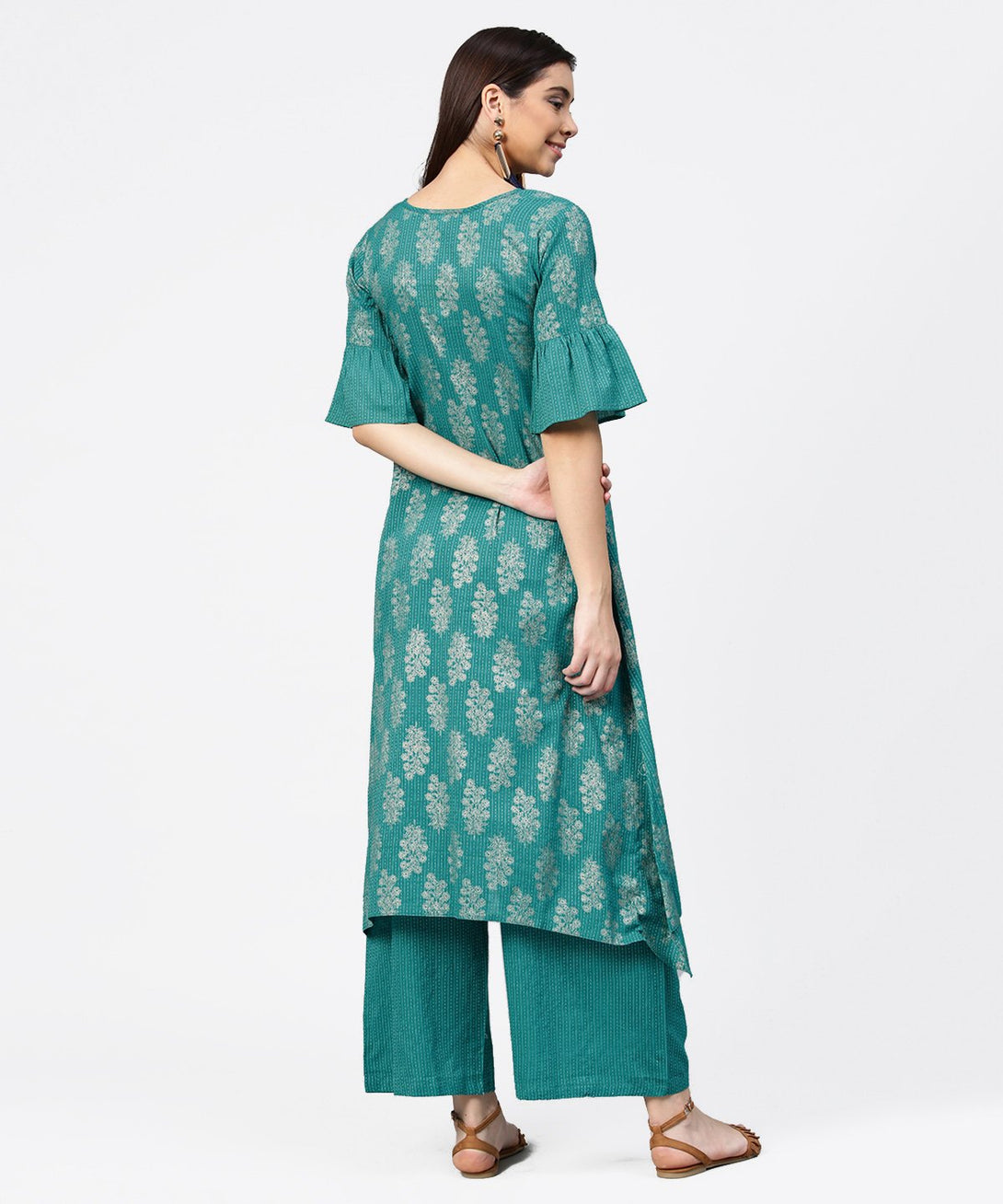 Blue printed half sleeve cotton kurta with straight ankle length pallazo | NOZ2TOZ - Made In INDIA.