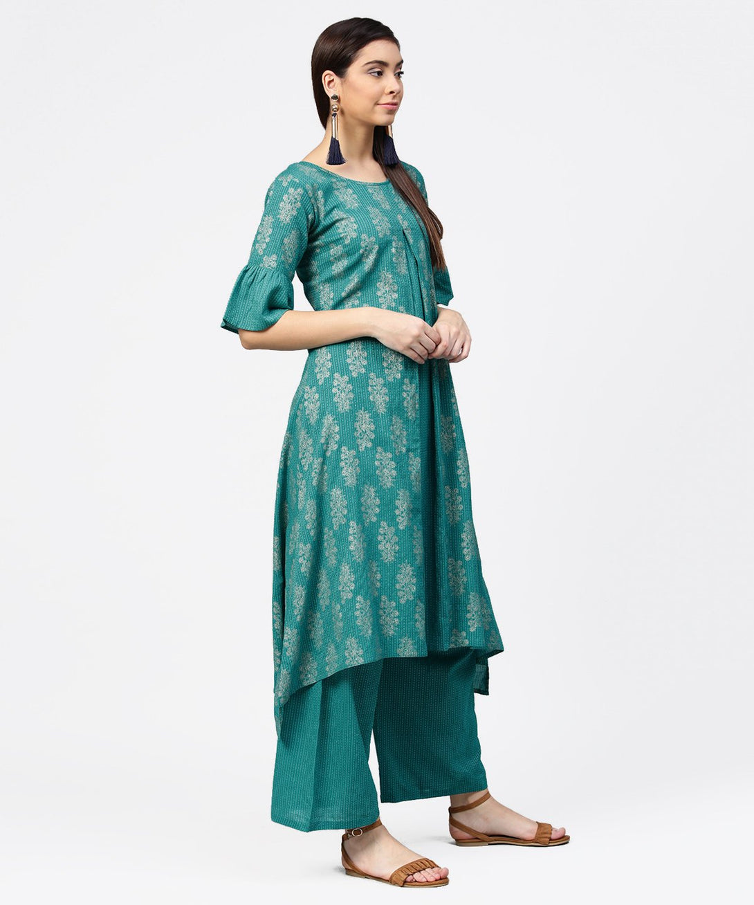 Blue printed half sleeve cotton kurta with straight ankle length pallazo | NOZ2TOZ - Made In INDIA.