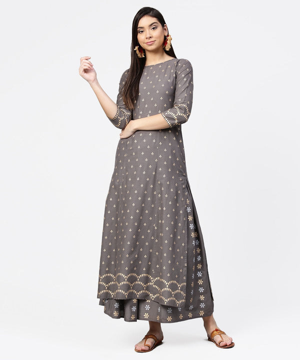 Grey printed half sleeve cotton ankle length kurta with flared ankle length skirt | NOZ2TOZ - Made In INDIA.