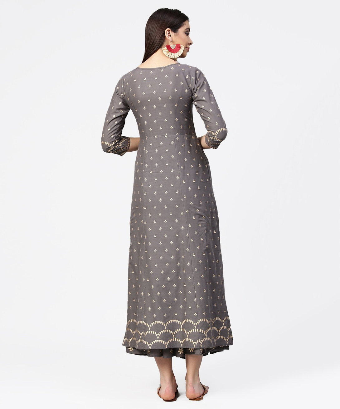 Grey printed half sleeve cotton ankle length kurta with flared ankle length skirt | NOZ2TOZ - Made In INDIA.