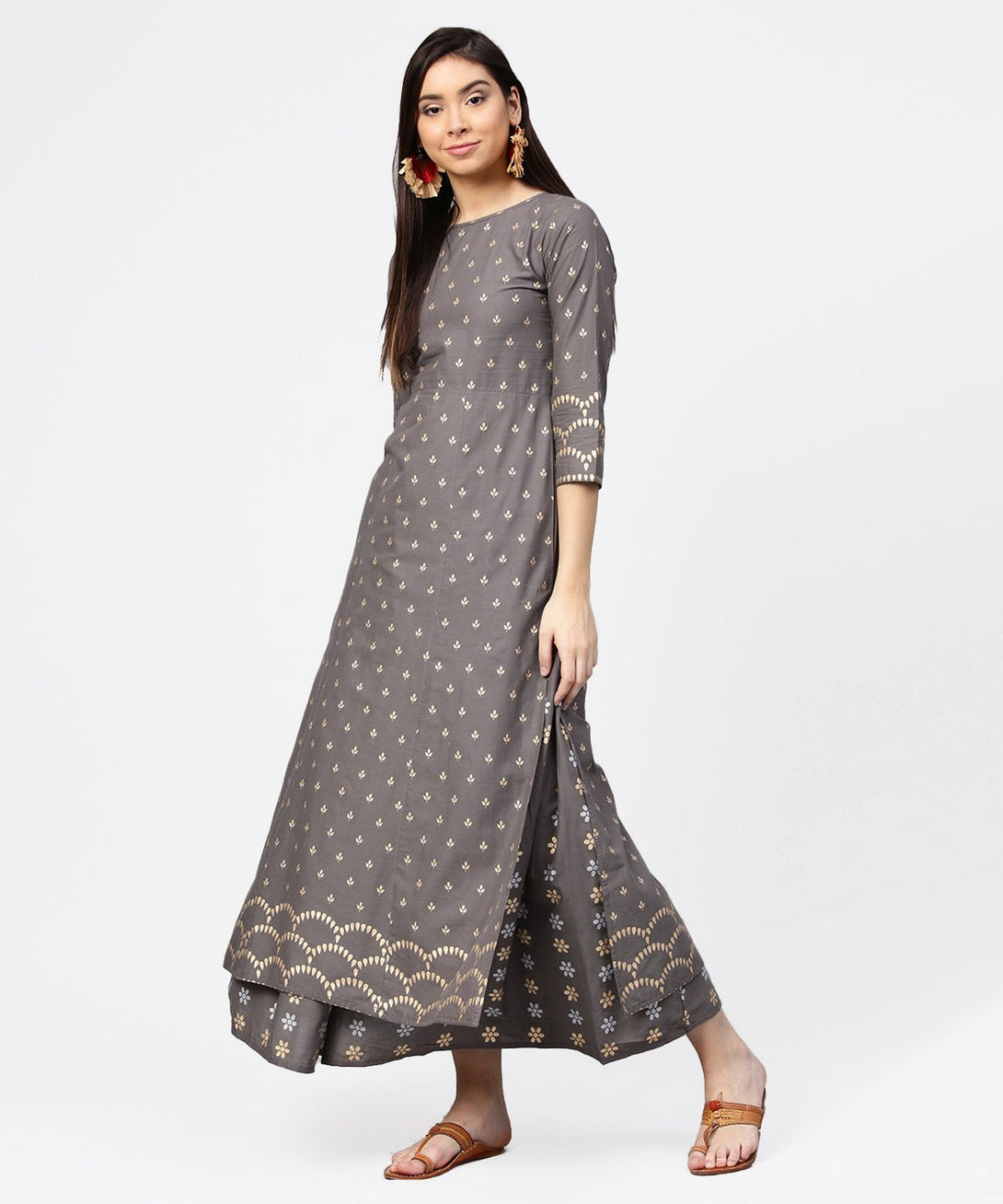 Grey printed half sleeve cotton ankle length kurta with flared ankle length skirt | NOZ2TOZ - Made In INDIA.