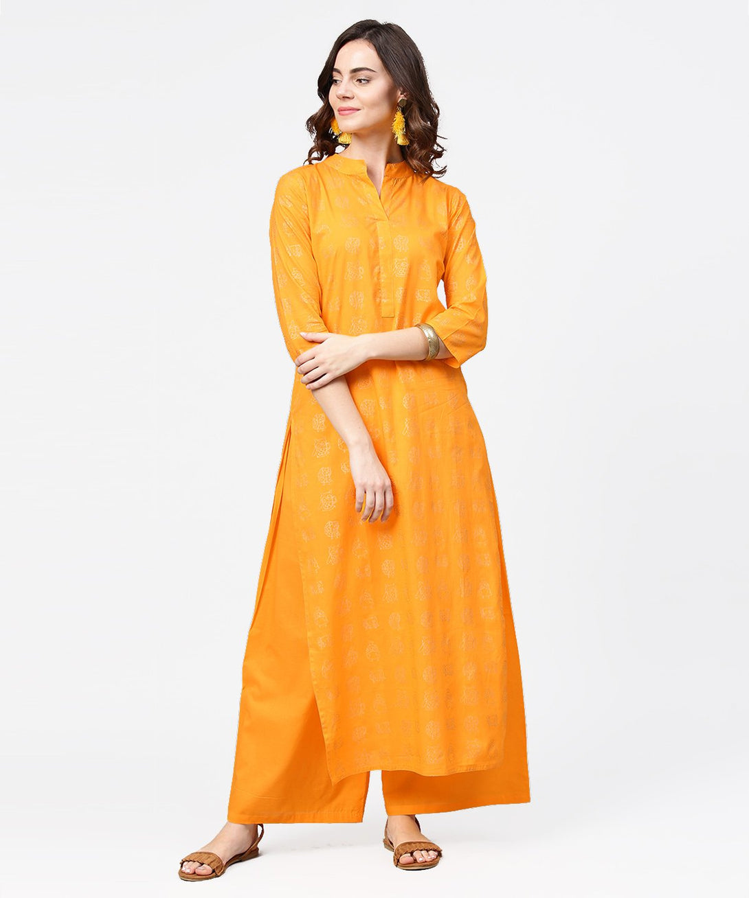 Yellow 3/4th sleeve printed straight kurta with flared ankle length pallazo | NOZ2TOZ - Made In INDIA.