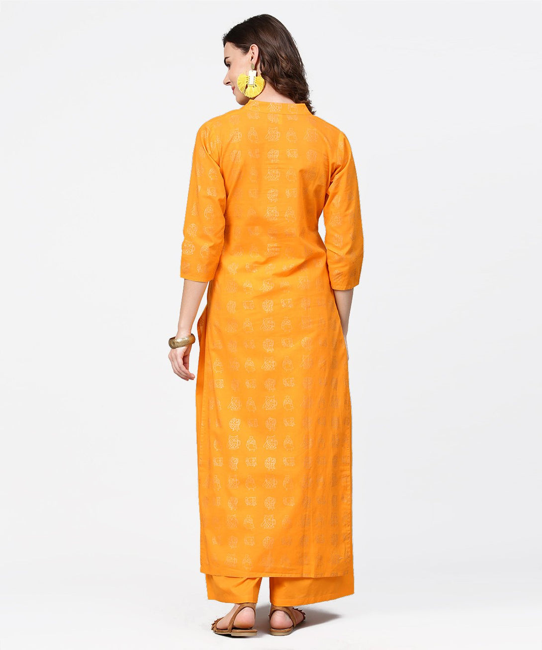 Yellow 3/4th sleeve printed straight kurta with flared ankle length pallazo | NOZ2TOZ - Made In INDIA.