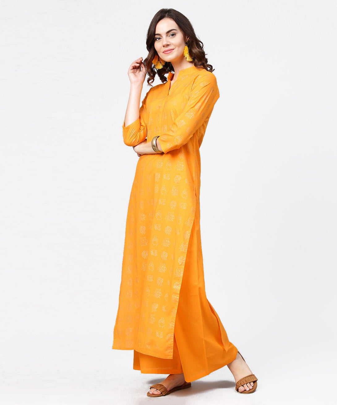 Yellow 3/4th sleeve printed straight kurta with flared ankle length pallazo | NOZ2TOZ - Made In INDIA.