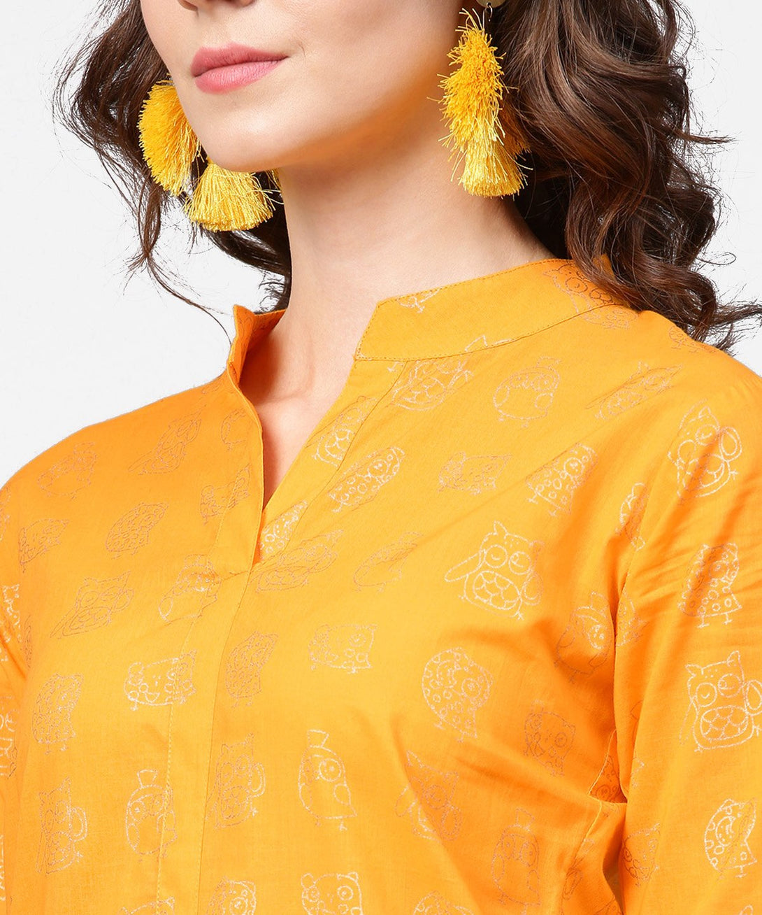 Yellow 3/4th sleeve printed straight kurta with flared ankle length pallazo | NOZ2TOZ - Made In INDIA.