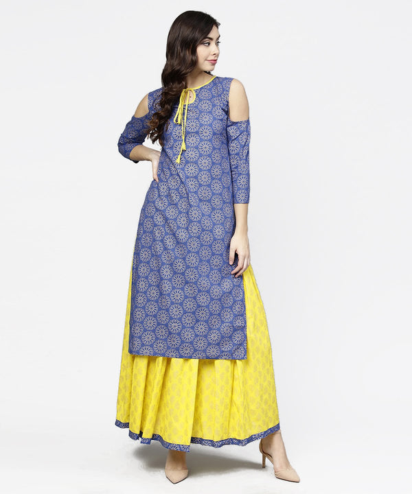 Blue printed 3/4th cold shoulder sleeve kurta with yellow flared skirt | NOZ2TOZ - Made In INDIA.