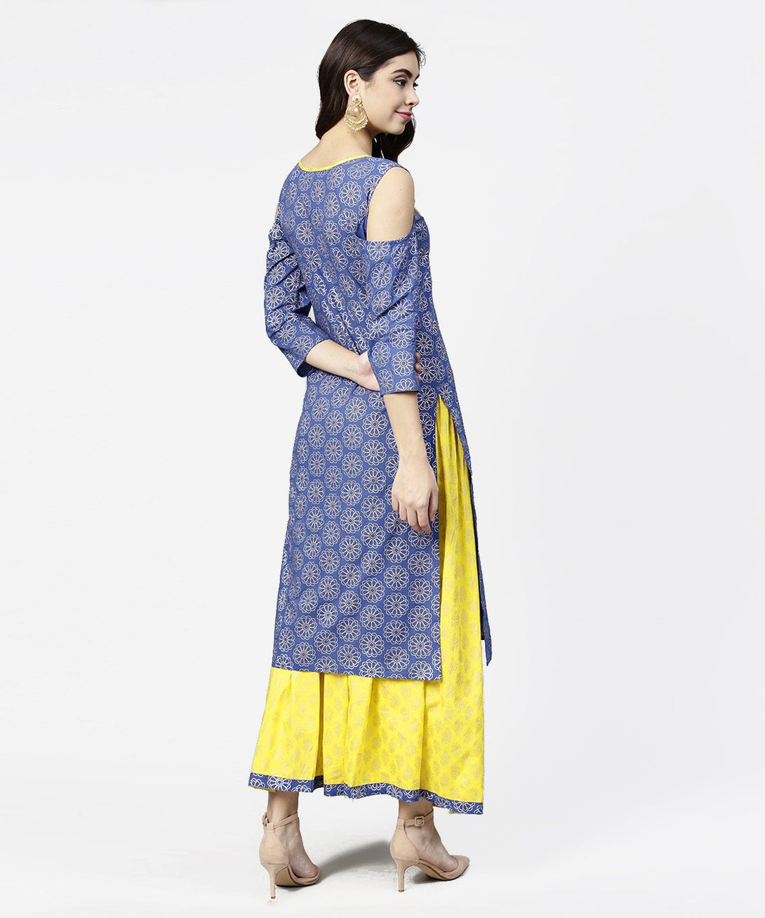 Blue printed 3/4th cold shoulder sleeve kurta with yellow flared skirt | NOZ2TOZ - Made In INDIA.