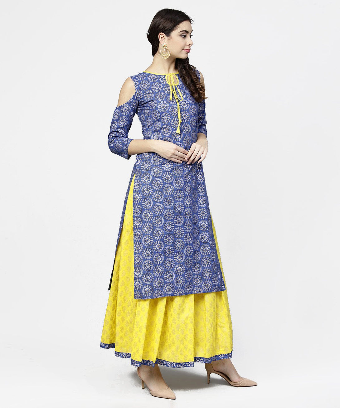 Blue printed 3/4th cold shoulder sleeve kurta with yellow flared skirt | NOZ2TOZ - Made In INDIA.