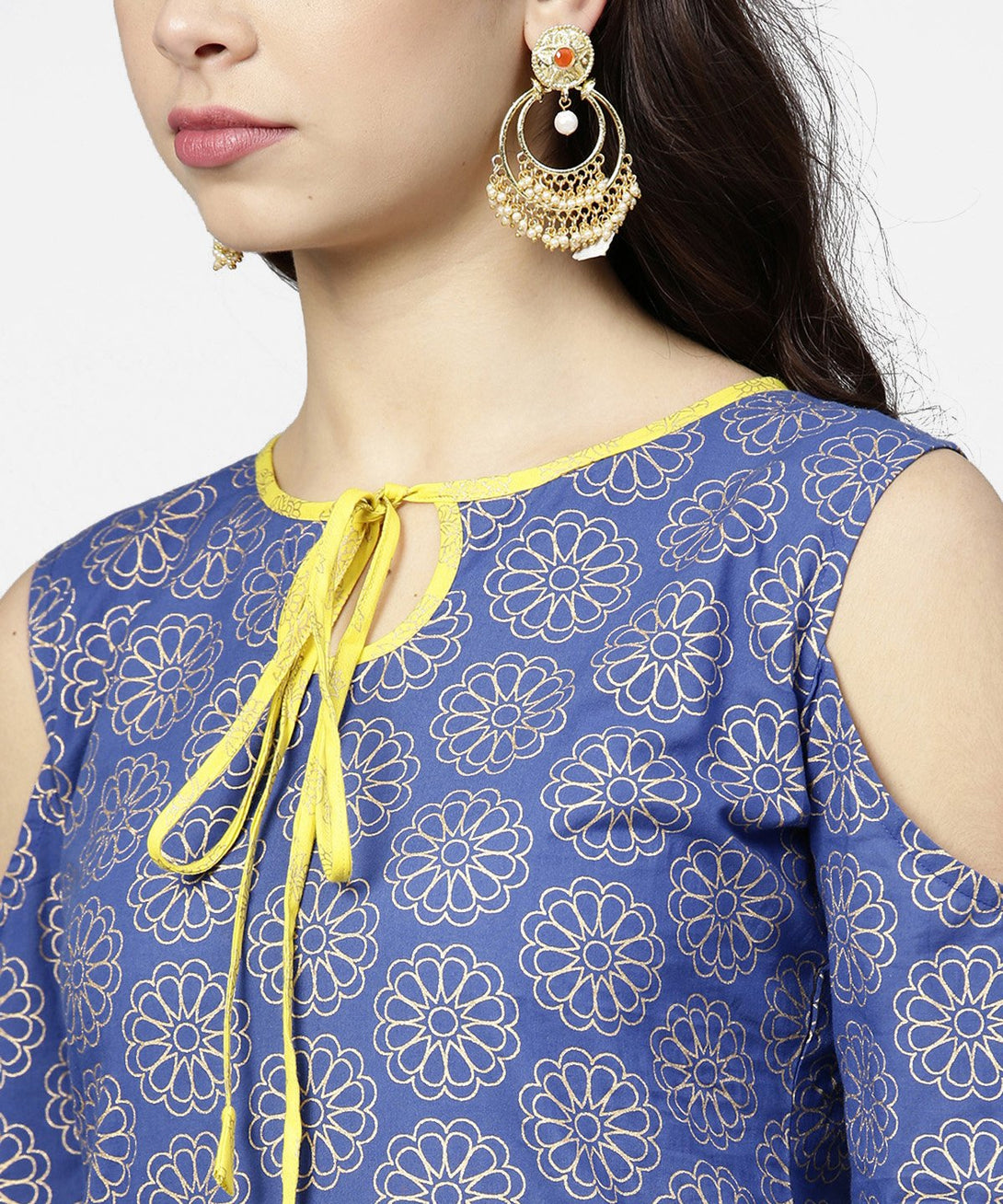 Blue printed 3/4th cold shoulder sleeve kurta with yellow flared skirt | NOZ2TOZ - Made In INDIA.